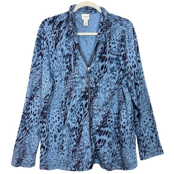Weekends By Chicos 2 (Large) Blue Animal Print Jacket Full Zip Stretchy Knit - Picture 1 of 6